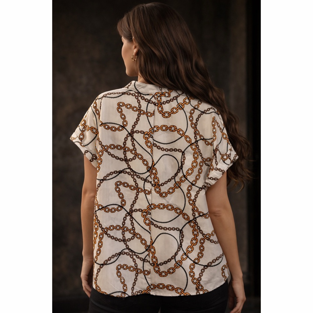 Luxe White with Gold Chain Link Print Henley Style Woven Pocket Blouse - Picture 2 of 4